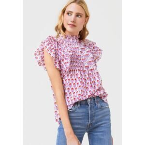 Oliphant Pintuck Ruffle Blouse Top Cotton Floral Pink Block Print Tuckernuck